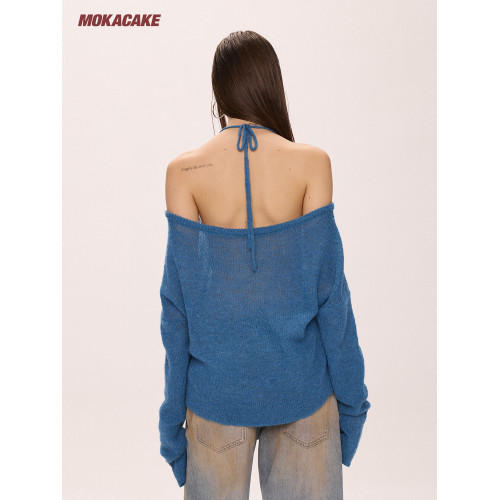 MOKACAKE藍色一字肩掛脖薄毛針織衫露肩設計感小衆毛衣上衣女秋季