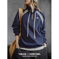 馬登美式復古學院風藏青色半拉鍊翻高立領套頭長袖無帽衛衣女士秋
