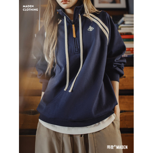 馬登美式復古學院風藏青色半拉鍊翻高立領套頭長袖無帽衛衣女士秋