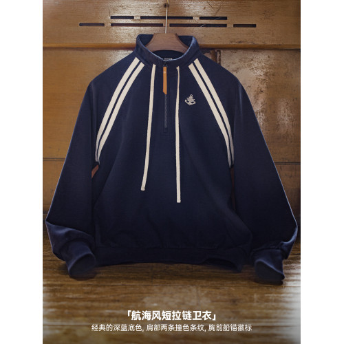 馬登美式復古學院風藏青色半拉鍊翻高立領套頭長袖無帽衛衣女士秋