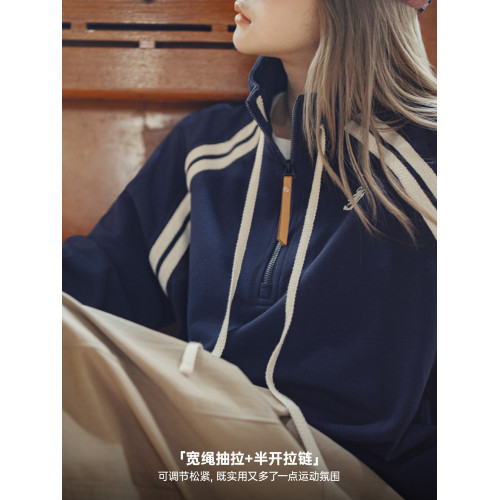 馬登美式復古學院風藏青色半拉鍊翻高立領套頭長袖無帽衛衣女士秋