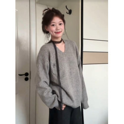 美式高街寬松百搭字母v領長袖針織衫女春秋慵懶風甜酷別致上衣潮