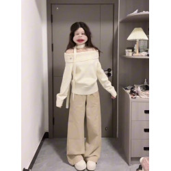 2025新款韓系白色一字肩毛衣女早秋季高級感寬松慵懶露肩針織上衣