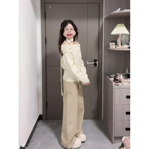 2025新款韓系白色一字肩毛衣女早秋季高級感寬松慵懶露肩針織上衣