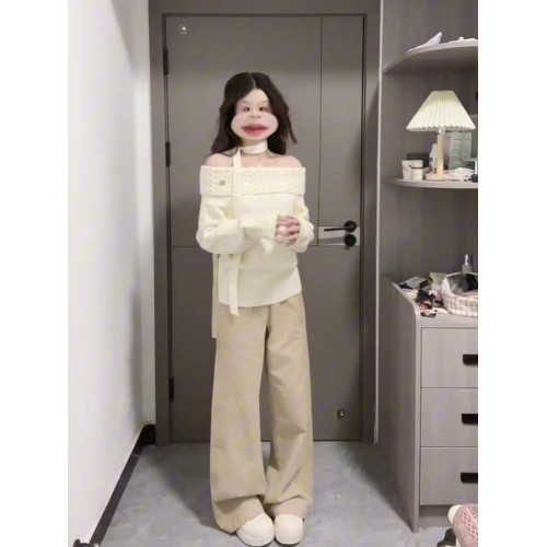 2025新款韓系白色一字肩毛衣女早秋季高級感寬松慵懶露肩針織上衣