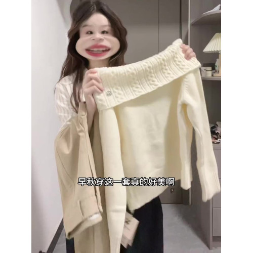 2025新款韓系白色一字肩毛衣女早秋季高級感寬松慵懶露肩針織上衣