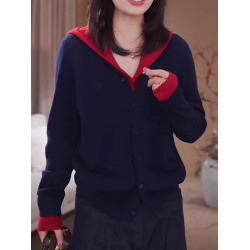 大碼胖MM假兩件撞色毛衣女士秋季慵懶風寬松顯瘦連帽針織開衫上衣