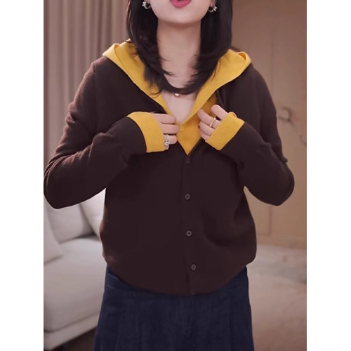 大碼胖MM假兩件撞色毛衣女士秋季慵懶風寬松顯瘦連帽針織開衫上衣