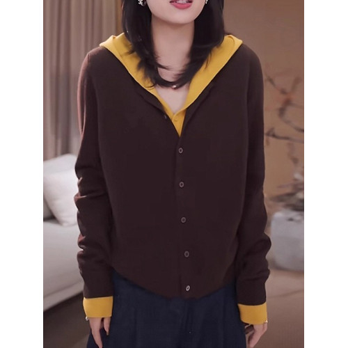 大碼胖MM假兩件撞色毛衣女士秋季慵懶風寬松顯瘦連帽針織開衫上衣