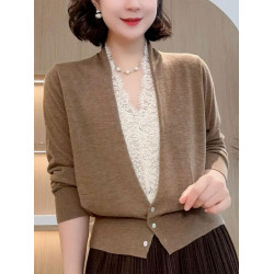 2025秋季新款時尚洋氣媽媽裝假兩件蕾絲拼接針織衫女寬松顯瘦上衣