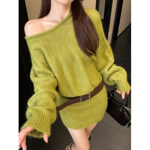 PPHOME辣妹斜肩長袖針織連衣裙女秋季性感純欲風修身顯瘦包臀短裙