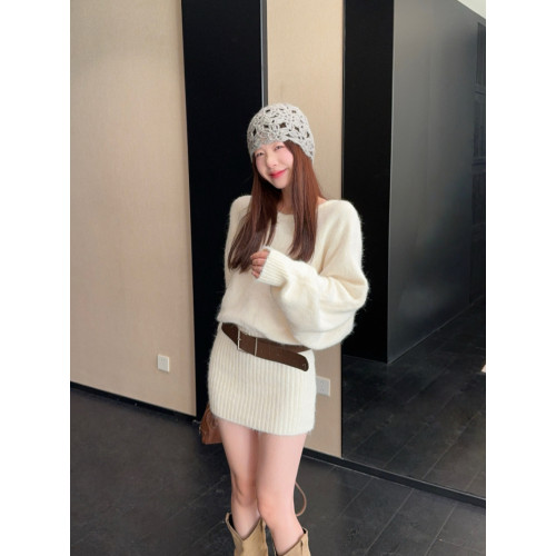 PPHOME辣妹斜肩長袖針織連衣裙女秋季性感純欲風修身顯瘦包臀短裙