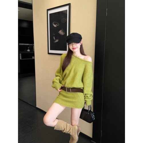 PPHOME辣妹斜肩長袖針織連衣裙女秋季性感純欲風修身顯瘦包臀短裙