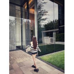 韓系條紋斜肩長袖毛衣女秋純欲氣質針織衫修身顯瘦設計感露肩上衣