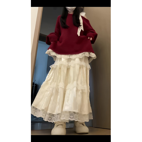 高級感蕾絲紅色露肩毛衣女秋冬新款設計感巨好看的寬松慵懶針織衫 高級感蕾絲紅色露肩毛衣女秋冬新款設計感巨好看的寬松慵懶針織衫