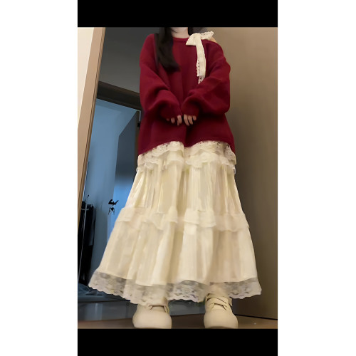 高級感蕾絲紅色露肩毛衣女秋冬新款設計感巨好看的寬松慵懶針織衫 高級感蕾絲紅色露肩毛衣女秋冬新款設計感巨好看的寬松慵懶針織衫