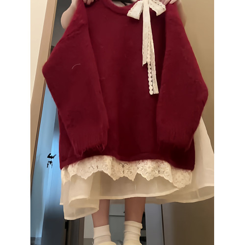 高級感蕾絲紅色露肩毛衣女秋冬新款設計感巨好看的寬松慵懶針織衫 高級感蕾絲紅色露肩毛衣女秋冬新款設計感巨好看的寬松慵懶針織衫