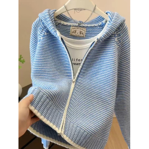 2025秋冬慵懶風時尚條紋連帽針織開衫女秋季百搭洋氣顯瘦毛衣上衣