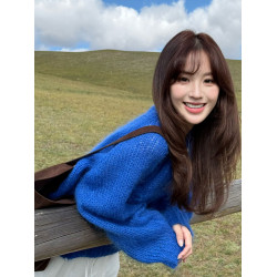 克萊因藍立體花朵毛衣開衫外套女秋冬慵懶風高級感寬松軟糯針織衫