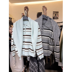 韓版十三行秋季通勤新款條紋針織Polo翻領套頭毛衣+百搭披肩套裝