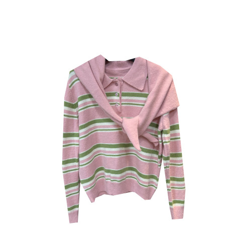 韓版十三行秋季通勤新款條紋針織Polo翻領套頭毛衣+百搭披肩套裝