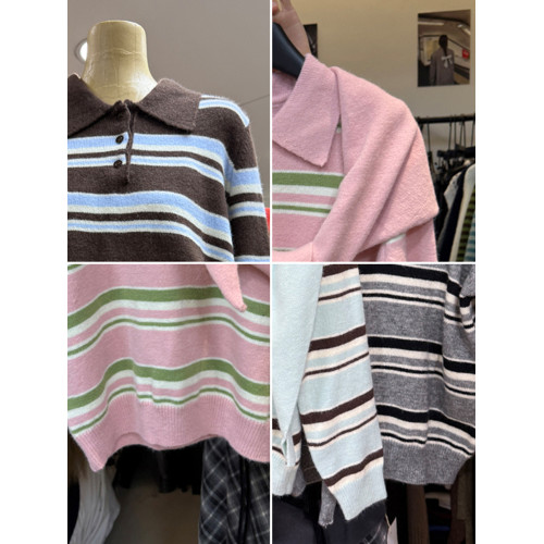 韓版十三行秋季通勤新款條紋針織Polo翻領套頭毛衣+百搭披肩套裝