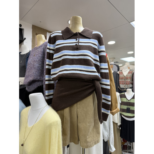 韓版十三行秋季通勤新款條紋針織Polo翻領套頭毛衣+百搭披肩套裝