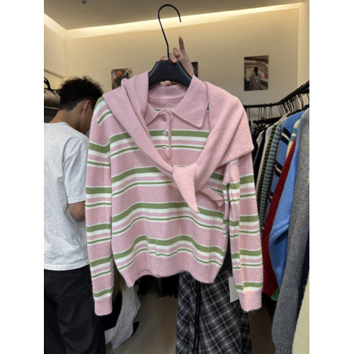 韓版十三行秋季通勤新款條紋針織Polo翻領套頭毛衣+百搭披肩套裝