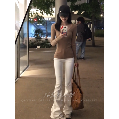 秋季新款溫柔風卡其色V領長袖針織衫女修身顯瘦高級感打底衫上衣