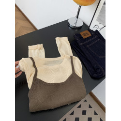 美拉德咖色綁帶收腰針織衫女秋季撞色假兩件吊帶拼接圓領長袖上衣