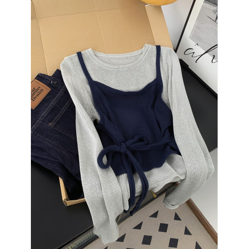 美拉德咖色綁帶收腰針織衫女秋季撞色假兩件吊帶拼接圓領長袖上衣