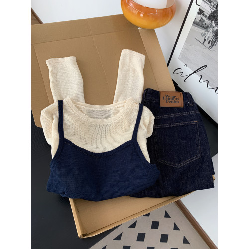 美拉德咖色綁帶收腰針織衫女秋季撞色假兩件吊帶拼接圓領長袖上衣