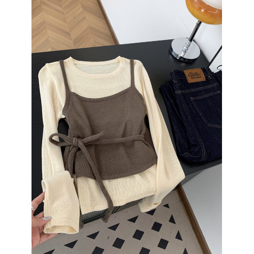 美拉德咖色綁帶收腰針織衫女秋季撞色假兩件吊帶拼接圓領長袖上衣