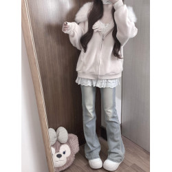 韓系高級感甜美粉色大毛領連帽針織開衫毛衣女秋冬季慵懶外套上衣