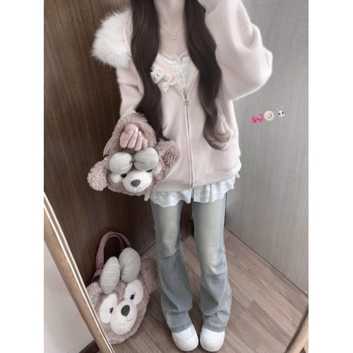 韓系高級感甜美粉色大毛領連帽針織開衫毛衣女秋冬季慵懶外套上衣