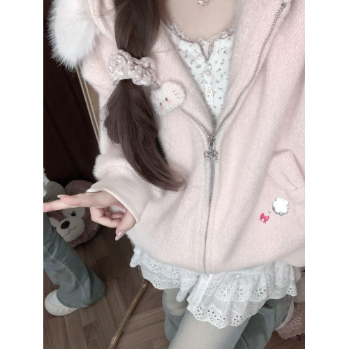 韓系高級感甜美粉色大毛領連帽針織開衫毛衣女秋冬季慵懶外套上衣