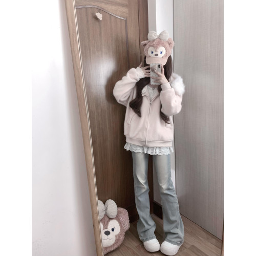 韓系高級感甜美粉色大毛領連帽針織開衫毛衣女秋冬季慵懶外套上衣