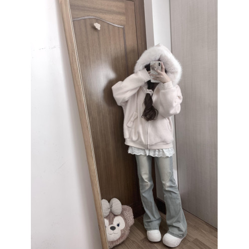 韓系高級感甜美粉色大毛領連帽針織開衫毛衣女秋冬季慵懶外套上衣