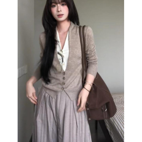 法式復古氣質高級感假兩件長袖針織衫女早秋新款開衫顯瘦外搭上衣