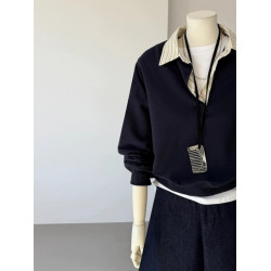 韓裡韓氣早秋穿搭Polo領假兩件衛衣女2025新款秋冬寬松慵懶風上衣