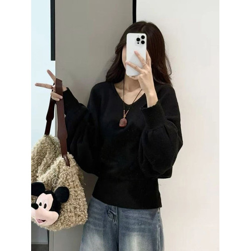 大碼胖mm韓系慵懶風V領蝙蝠袖針織衫女秋冬綁帶收腰顯瘦毛衣上衣