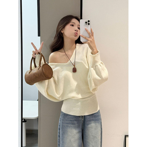 大碼胖mm韓系慵懶風V領蝙蝠袖針織衫女秋冬綁帶收腰顯瘦毛衣上衣