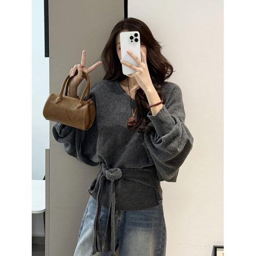 大碼胖mm韓系慵懶風V領蝙蝠袖針織衫女秋冬綁帶收腰顯瘦毛衣上衣