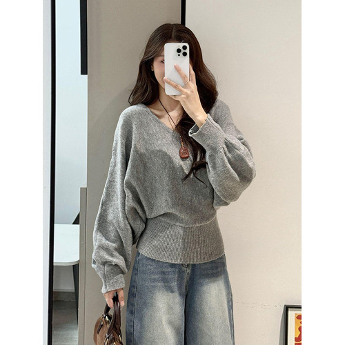 大碼胖mm韓系慵懶風V領蝙蝠袖針織衫女秋冬綁帶收腰顯瘦毛衣上衣