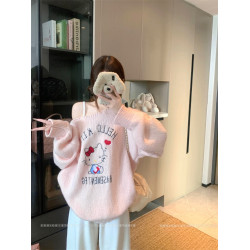 PPHOME 章若楠同款kt粗針毛衣長袖刺綉毛針織衫套頭寬松上衣女