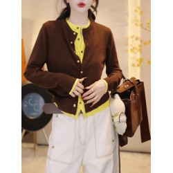 歐貨假兩件針織衫女秋季新款大碼胖MM顯瘦高級感撞色氣質圓領上衣