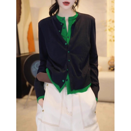 歐貨假兩件針織衫女秋季新款大碼胖MM顯瘦高級感撞色氣質圓領上衣