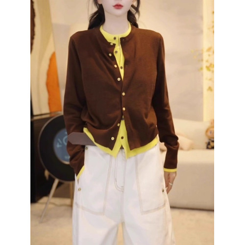 歐貨假兩件針織衫女秋季新款大碼胖MM顯瘦高級感撞色氣質圓領上衣