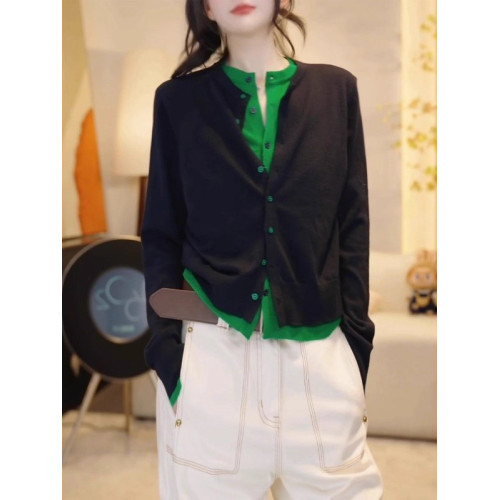 歐貨假兩件針織衫女秋季新款大碼胖MM顯瘦高級感撞色氣質圓領上衣