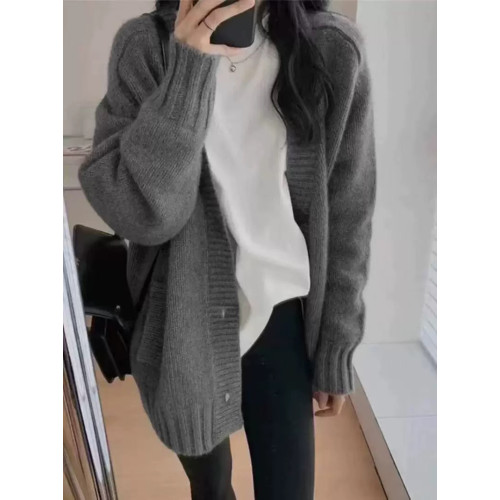 歐貨慵懶風灰色浣熊絨毛衣外套女秋冬高級感中長款針織開衫上衣厚 歐貨慵懶風灰色浣熊絨毛衣外套女秋冬高級感中長款針織開衫上衣厚